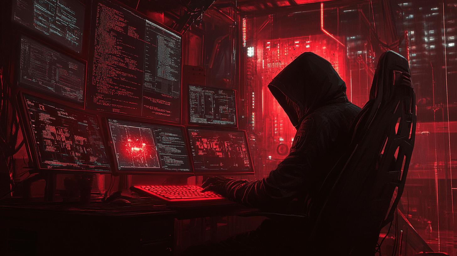 Figura encapuchada frente a monitores iluminados en rojo