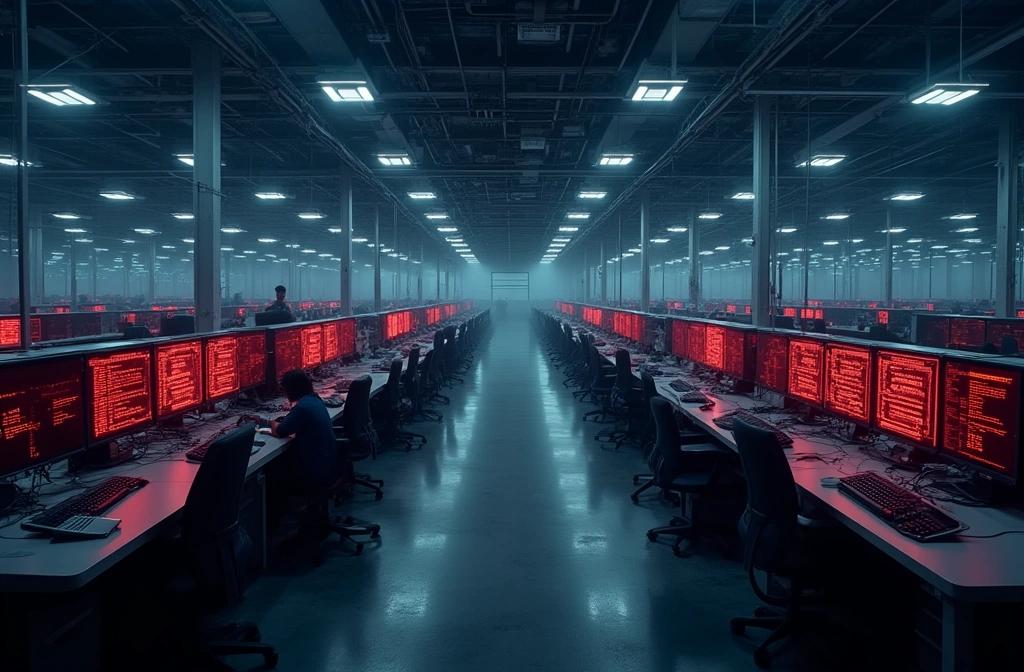 Una enorme sala de computadoras con pantallas rojas
