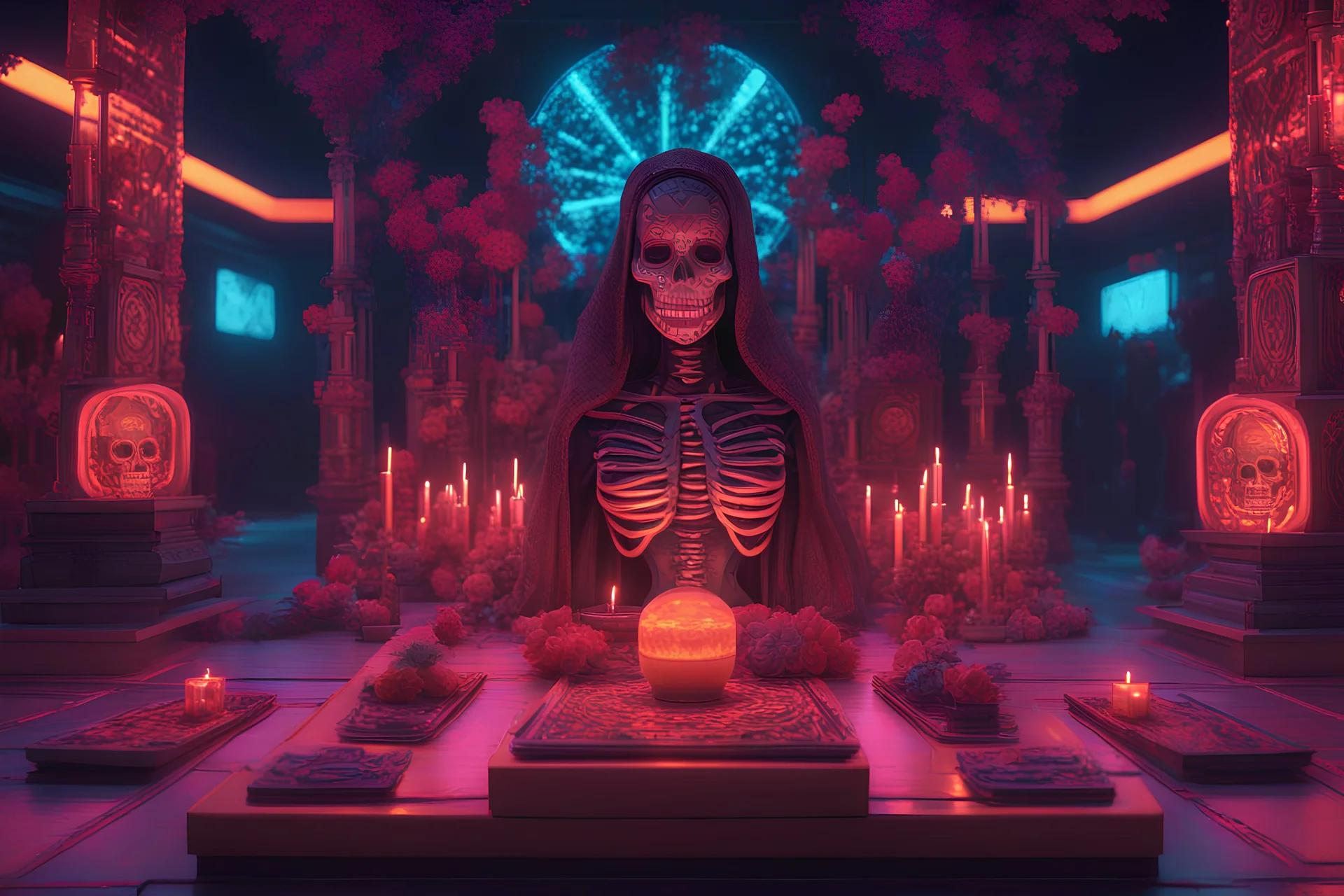 Altar de Día de Muertos con calaveras y luces de neón