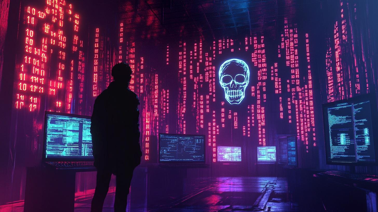 Una calavera digital de neón en una sala de servidores