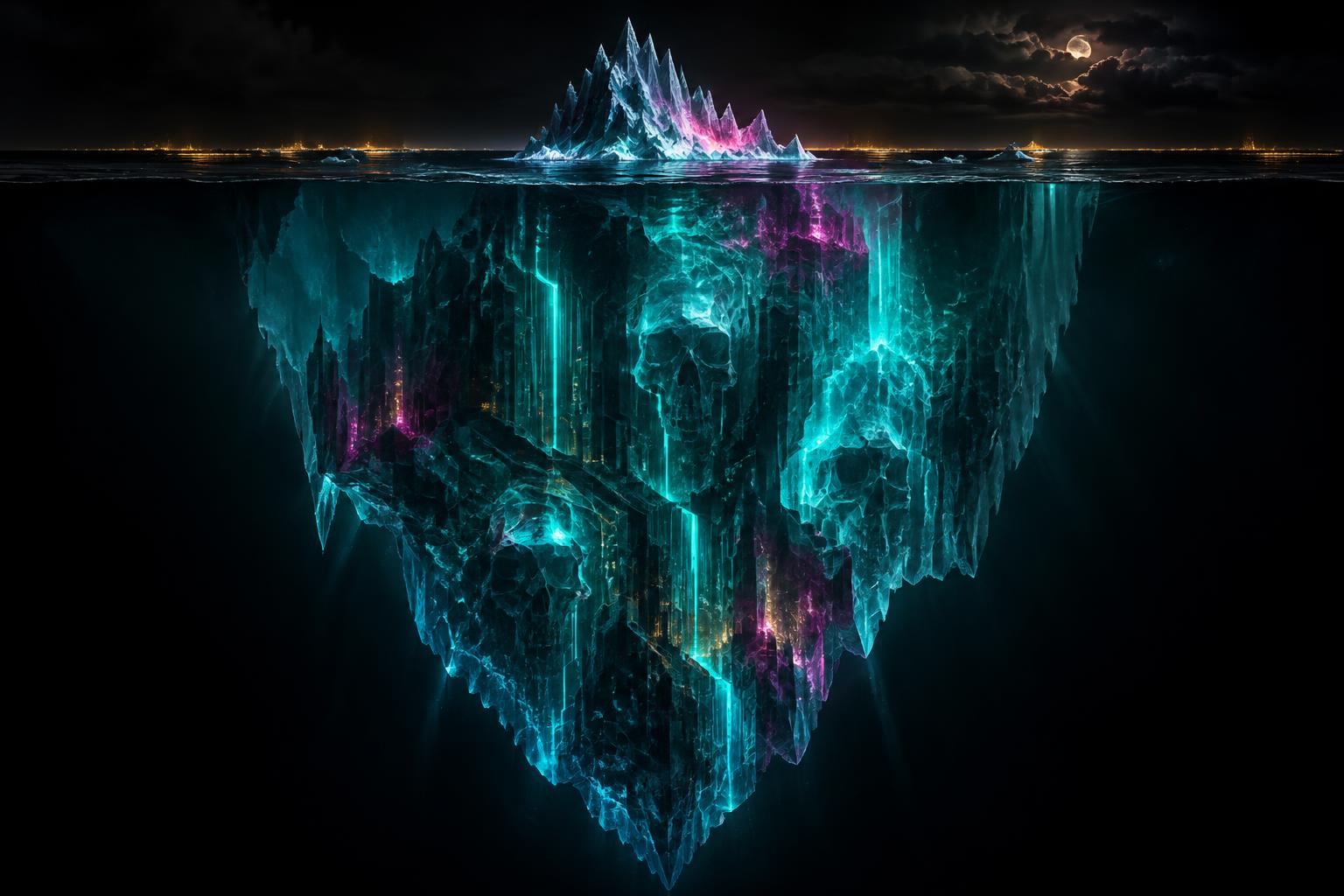 Un iceberg de circuitos con calaveras ocultas bajo el océano negro