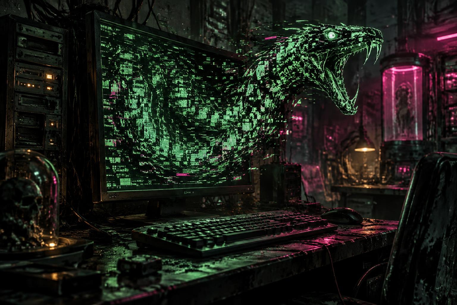 Una serpiente digital de código emerge de una computadora