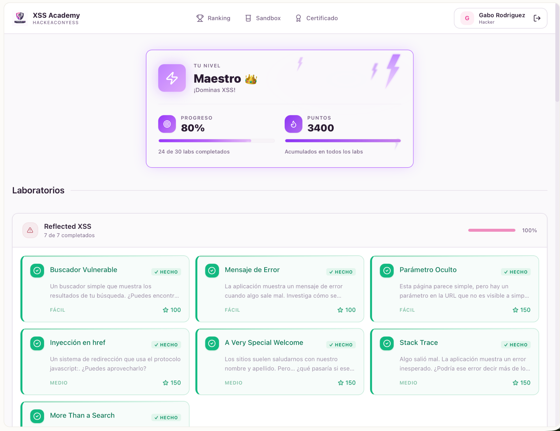 Dashboard de laboratorios XSS con progreso y nivel Elite